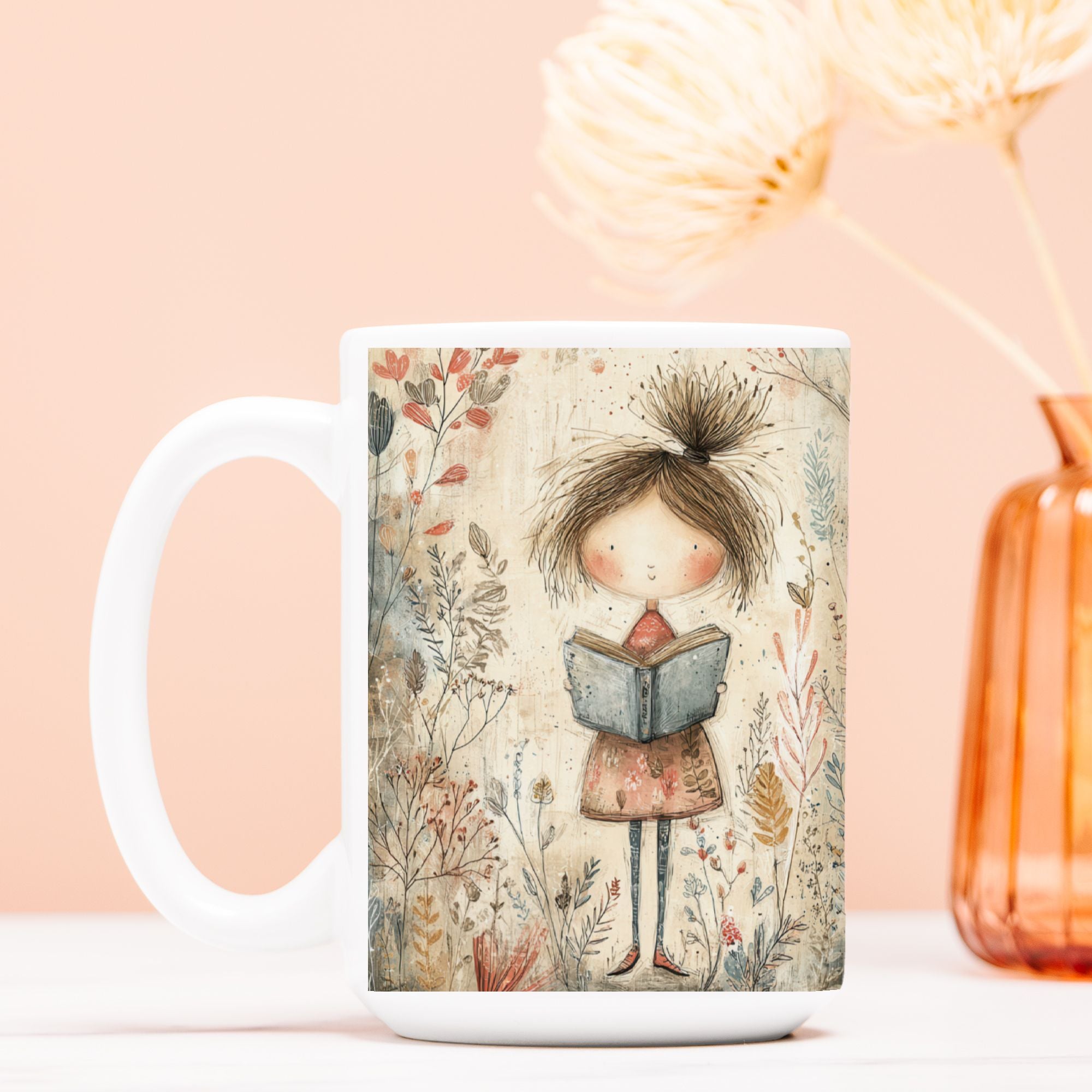 Mug with a design of a girl reading a book surrounded by nature on a peach background.