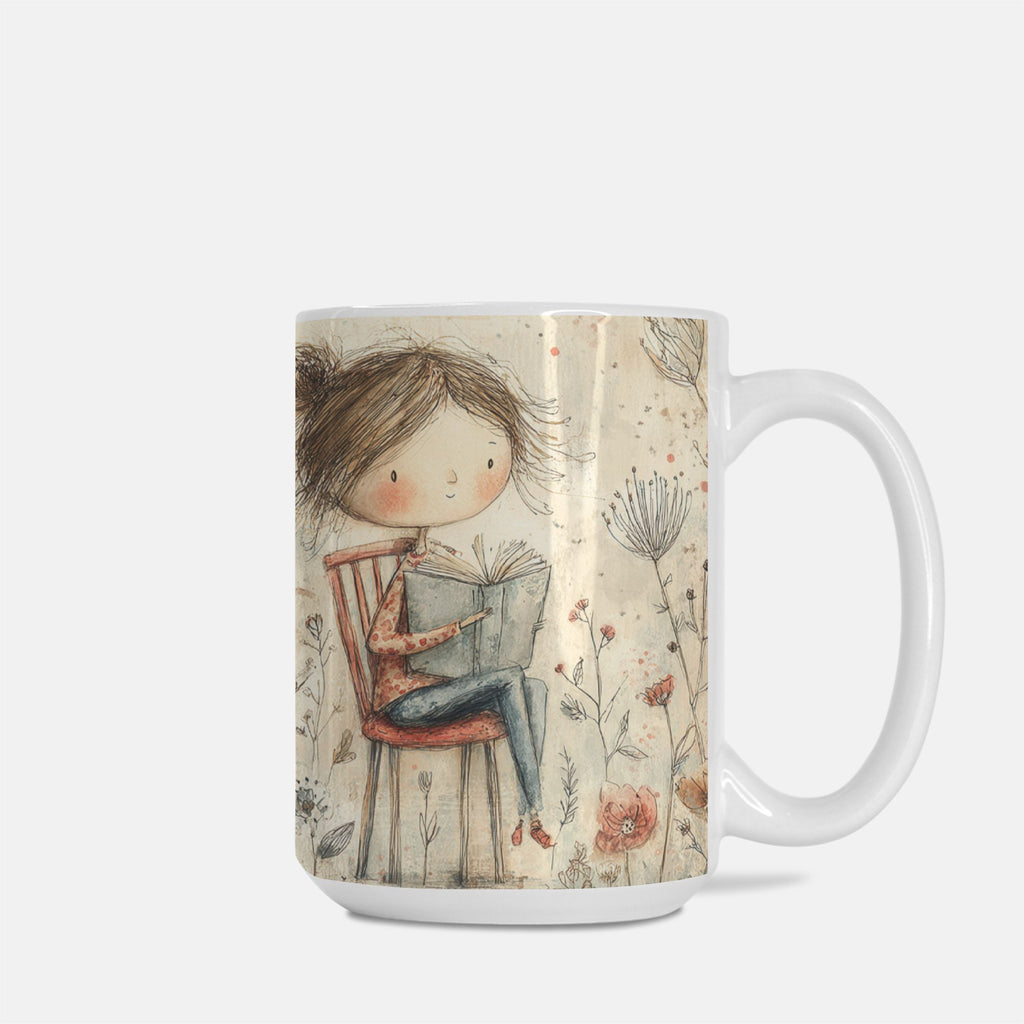 Mug with a design of a girl reading a book on a chair, set against a floral background.