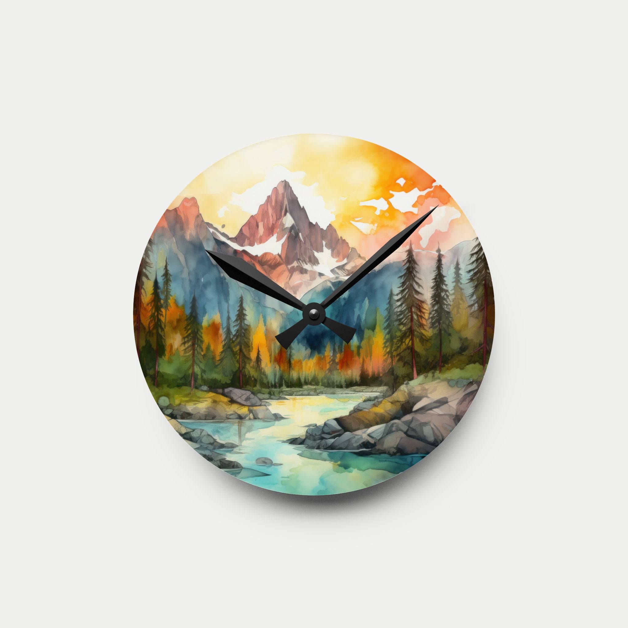 Mountain River Acrylic Wall Clock — Watercolor Landscape Home Decor