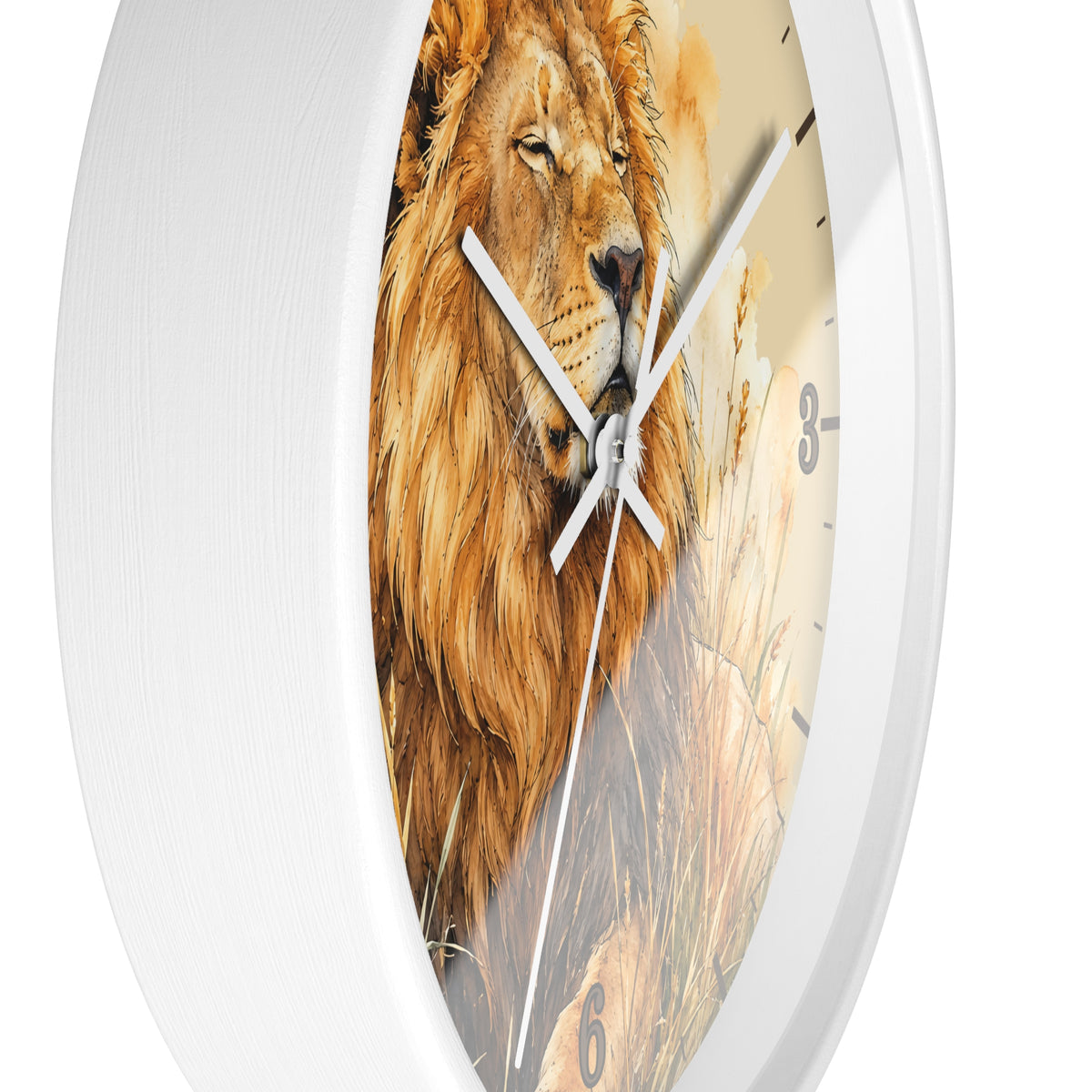 A round wall clock with a white frame and a printed lion face on the dial, with white hands and small black numeral markers.