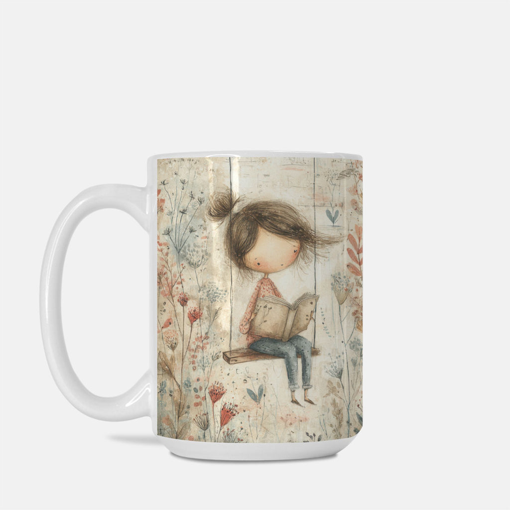 Mug with a design of a girl reading a book on a swing, surrounded by flowers, on a white background.