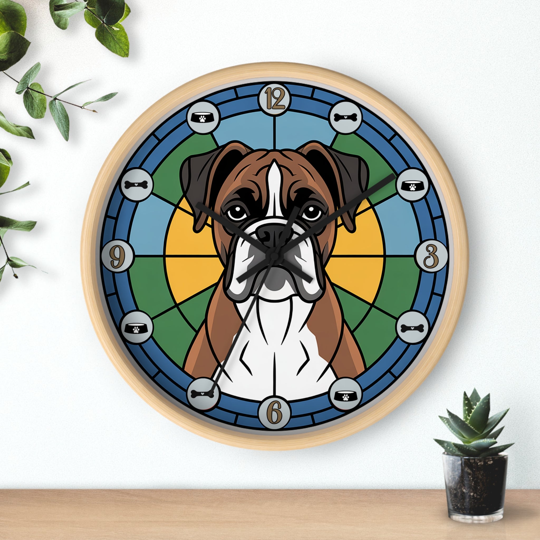 Wall clock with a dog illustration on a colorful background, placed on a wooden surface with a plant.