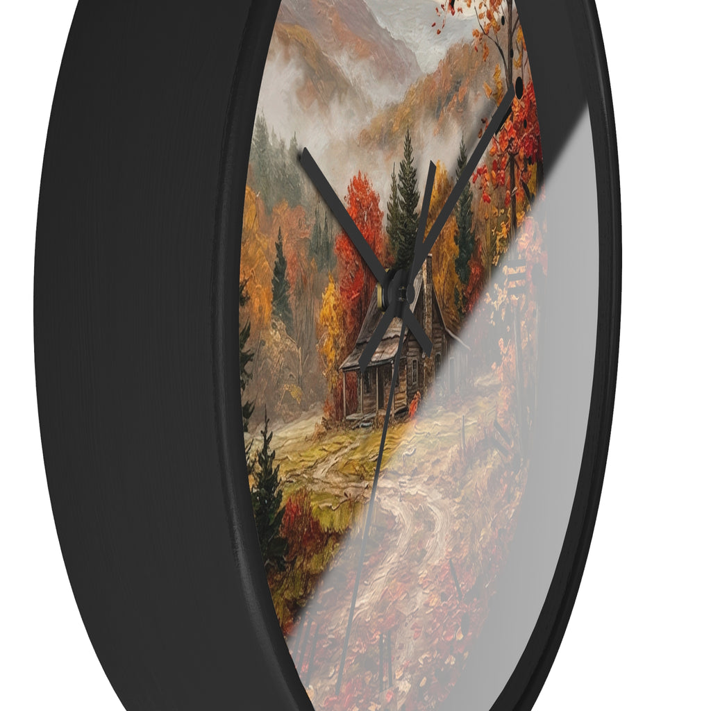 Rustic Autumn Cabin Landscape Wall Clock