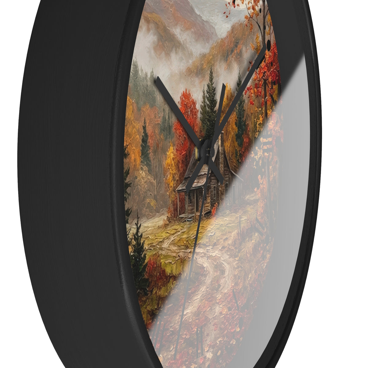 Rustic Autumn Cabin Landscape Wall Clock