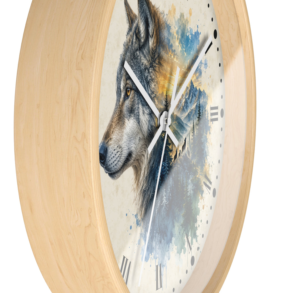 Wolf Mountain Layered Portrait Wall Clock — Rustic Nature Landscape Decor