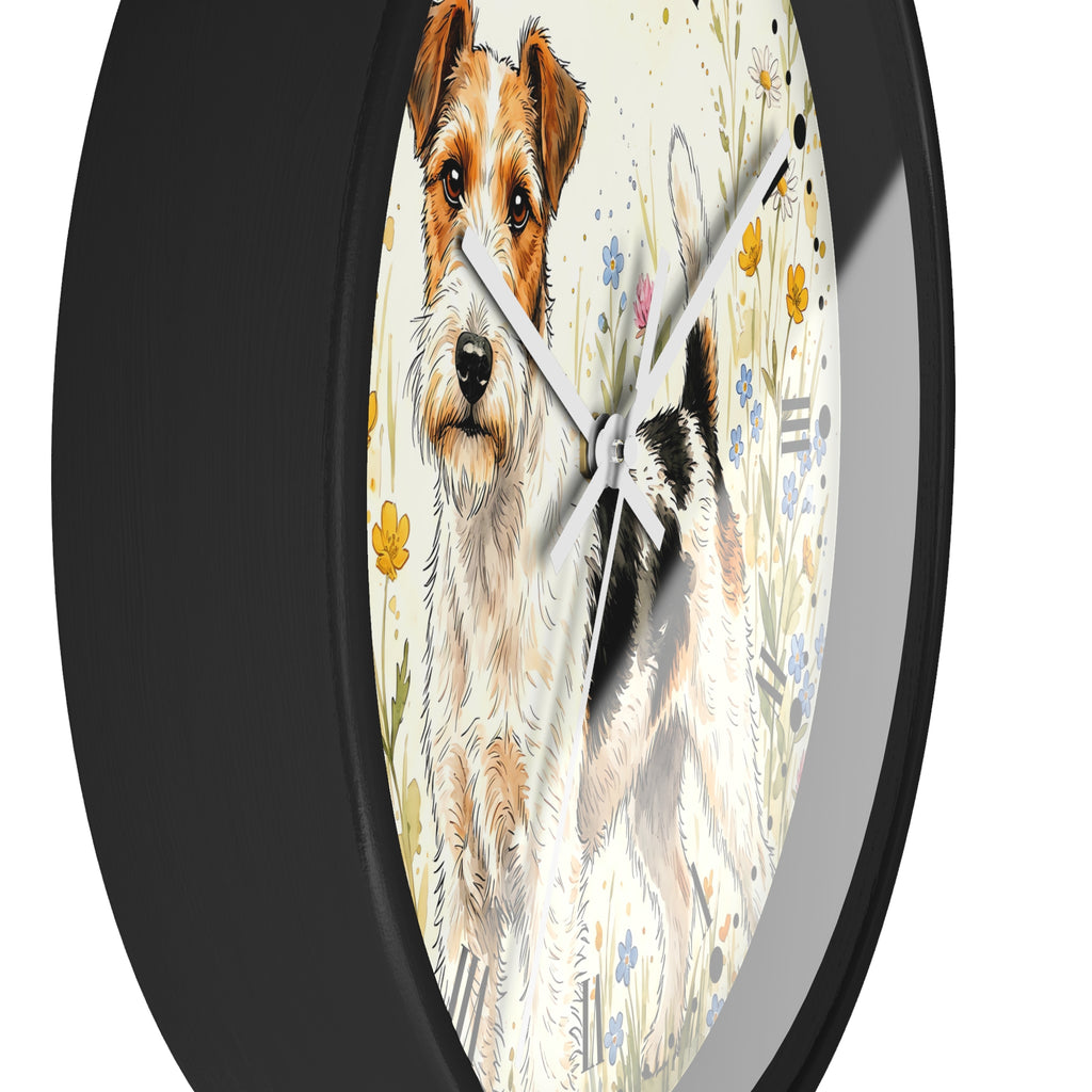 Round wall clock with a black frame and a printed illustration of a wirehaired dog on a cream floral background, shown against a plain white backdrop.
