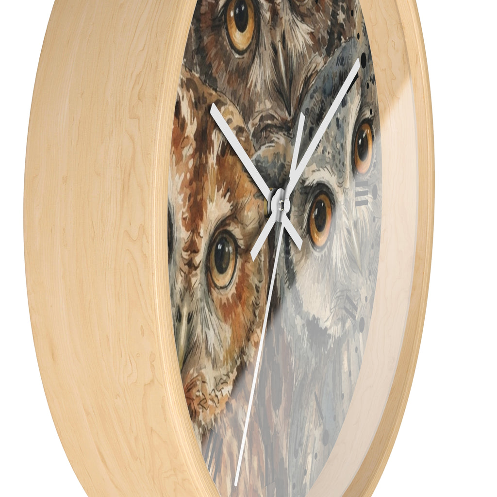 Owl Trio Wall Clock — Watercolor Woodland Bird Decor
