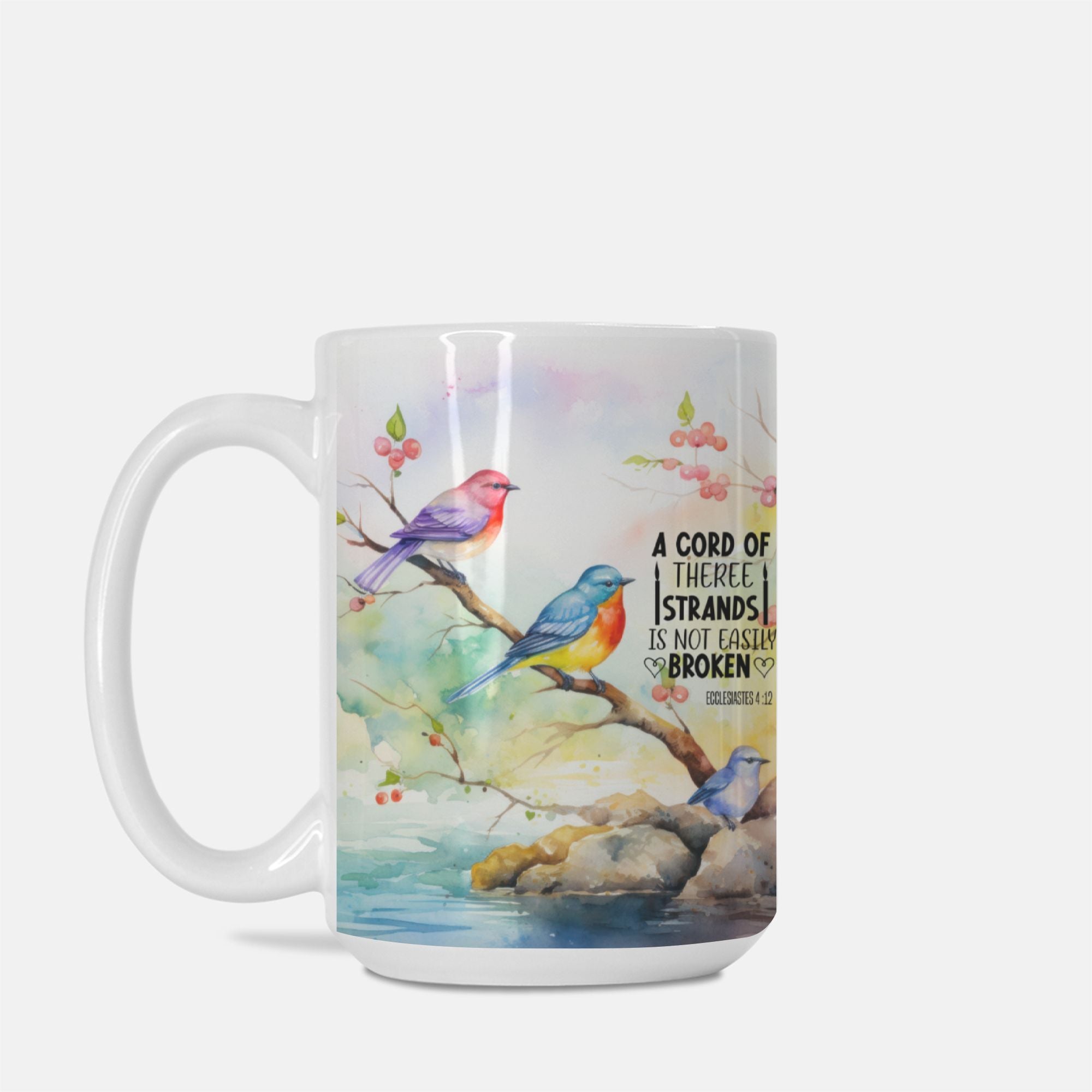 Mug with colorful birds and nature design on a white background