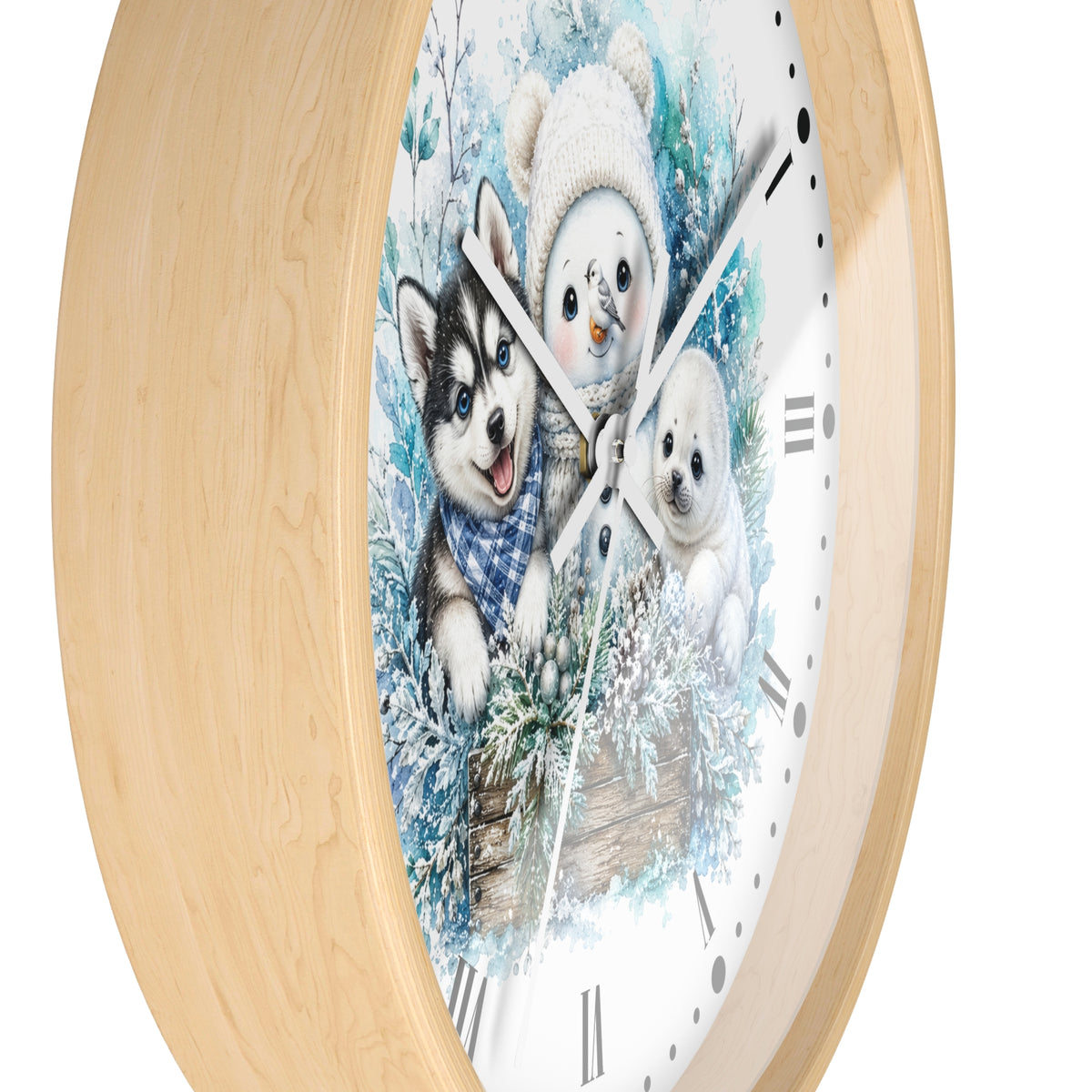 Winter Friends Wall Clock — Snowman, Husky & Seal Holiday Decor