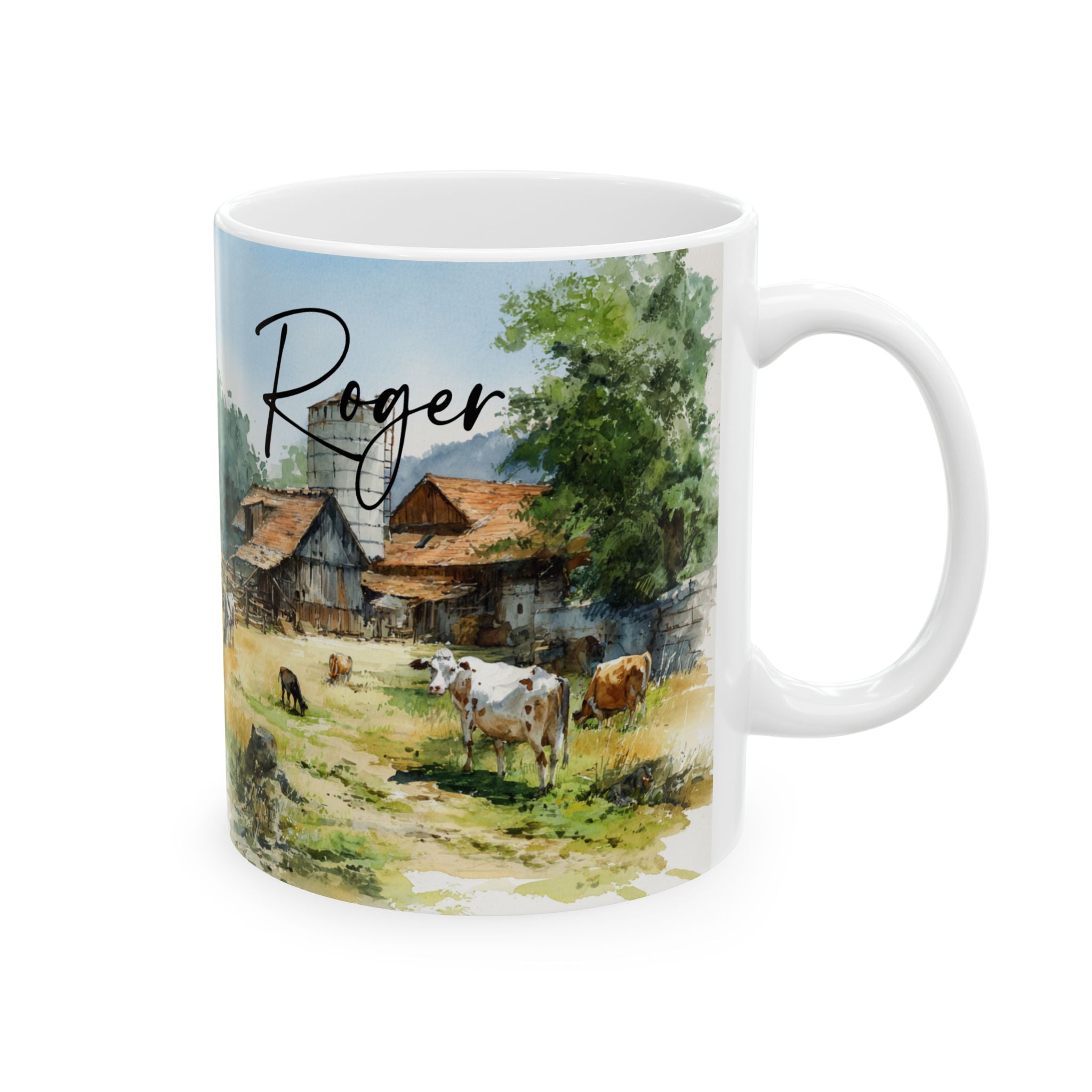 Mug with a rural scene design featuring cows and a barn, with 'Roger' printed on it.
