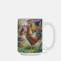 Mug with a painting of two roosters in a garden setting on a white background