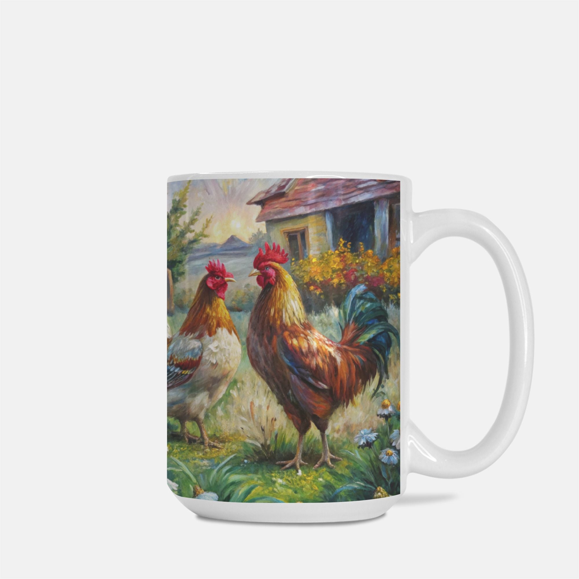 Mug with a painting of two roosters in a garden setting on a white background