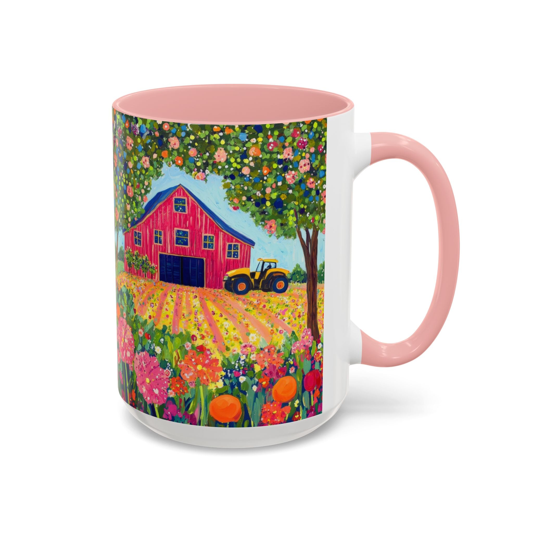 Mug with a colorful design of a red barn, tractor, and flowers on a white background