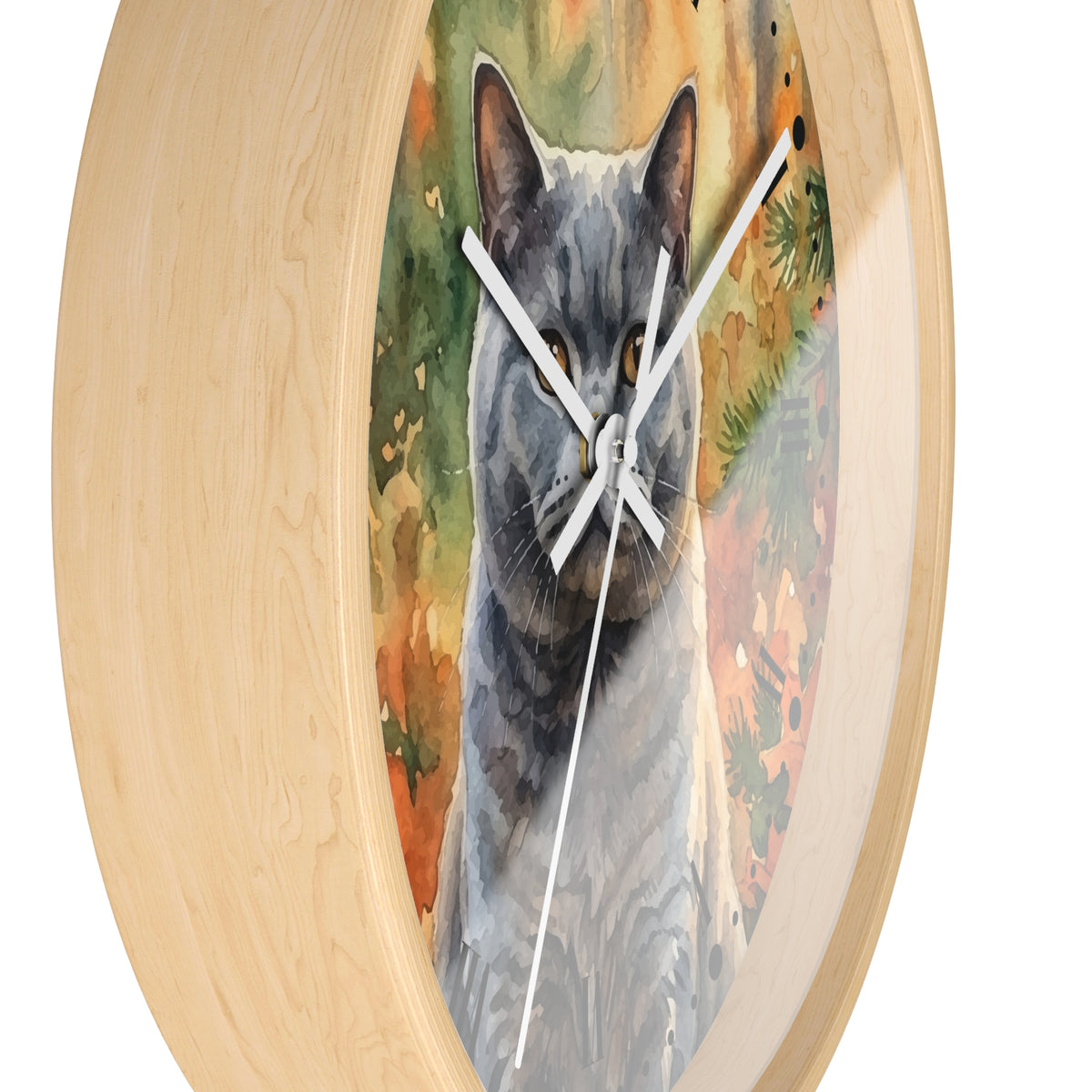 Watercolor Gray Russian Blue Cat in Autumn Pines Wood Wall Clock