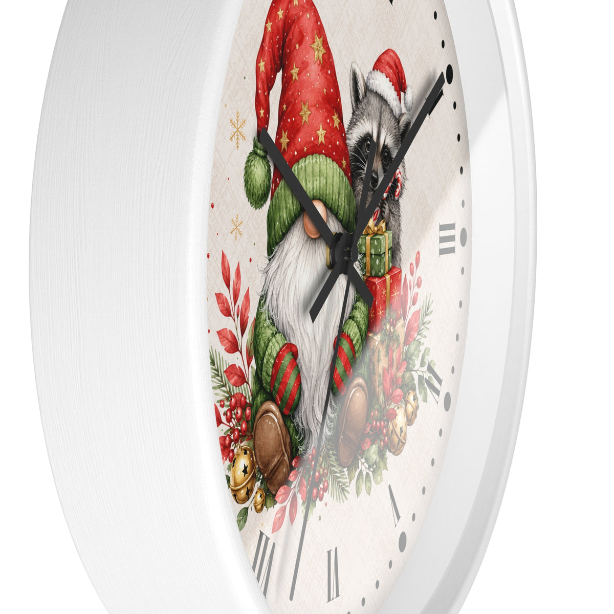 Round white wall clock with a festive Christmas illustration featuring a raccoon dressed as Santa, green and red hats, a white beard, gifts, and holiday greenery on the dial.