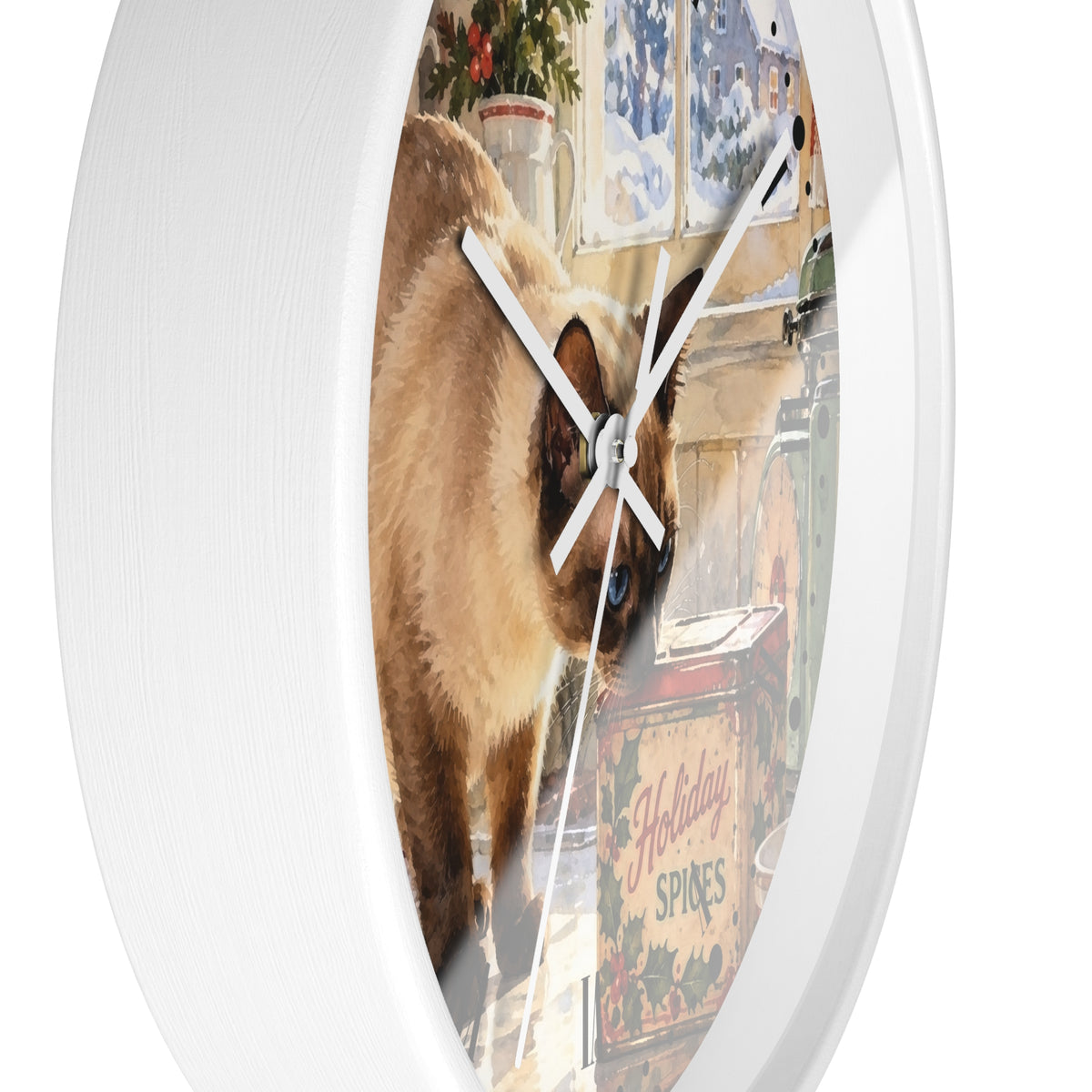 Retro Holiday Spice Siamese Cat Wood Wall Clock - Cat Lover Kitchen Decor