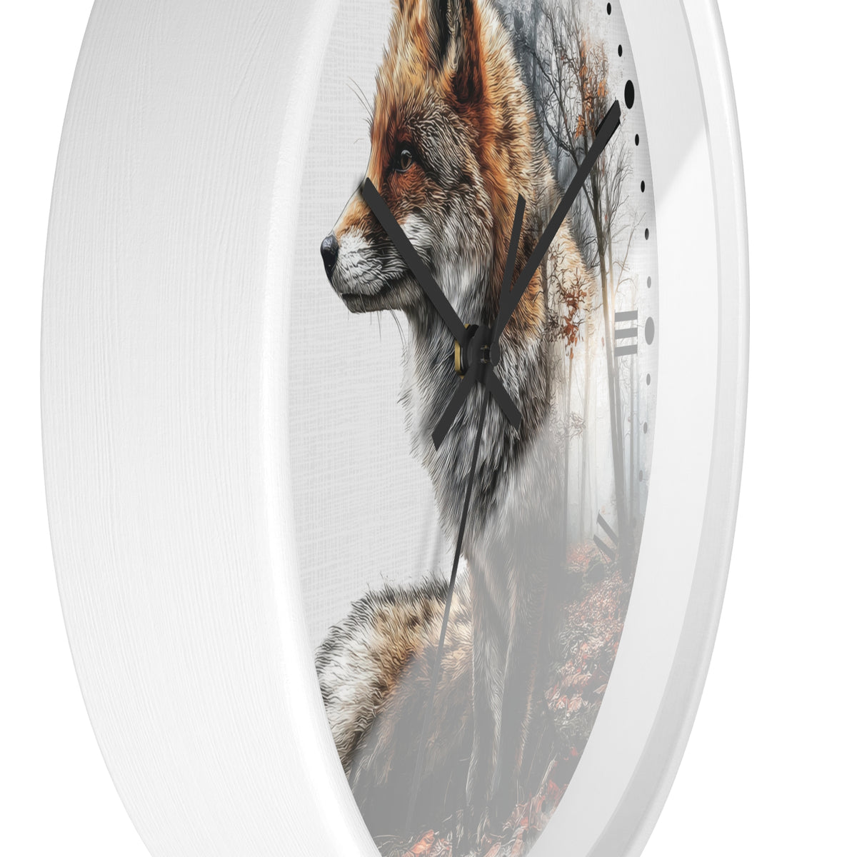 Oval wall clock with a white frame and a printed design of a fox over a blurred clock face, shown against a plain white background.