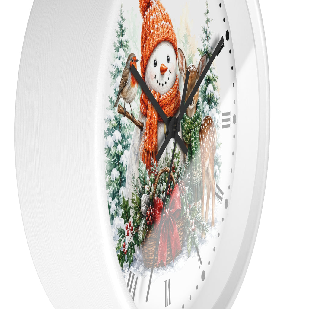 Holiday Snowman Robin Bird & Fawn Wall Clock — Festive Christmas Decor
