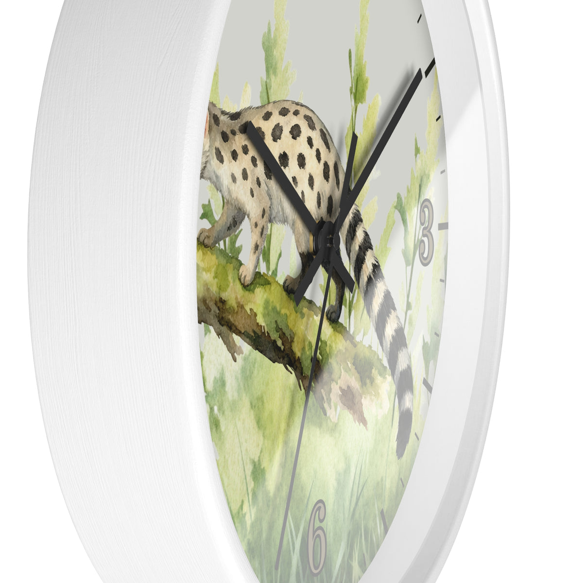 A white round wall clock with a watercolor-style print of a spotted big cat walking along a branch, with black hands and gray numerals on a light background.