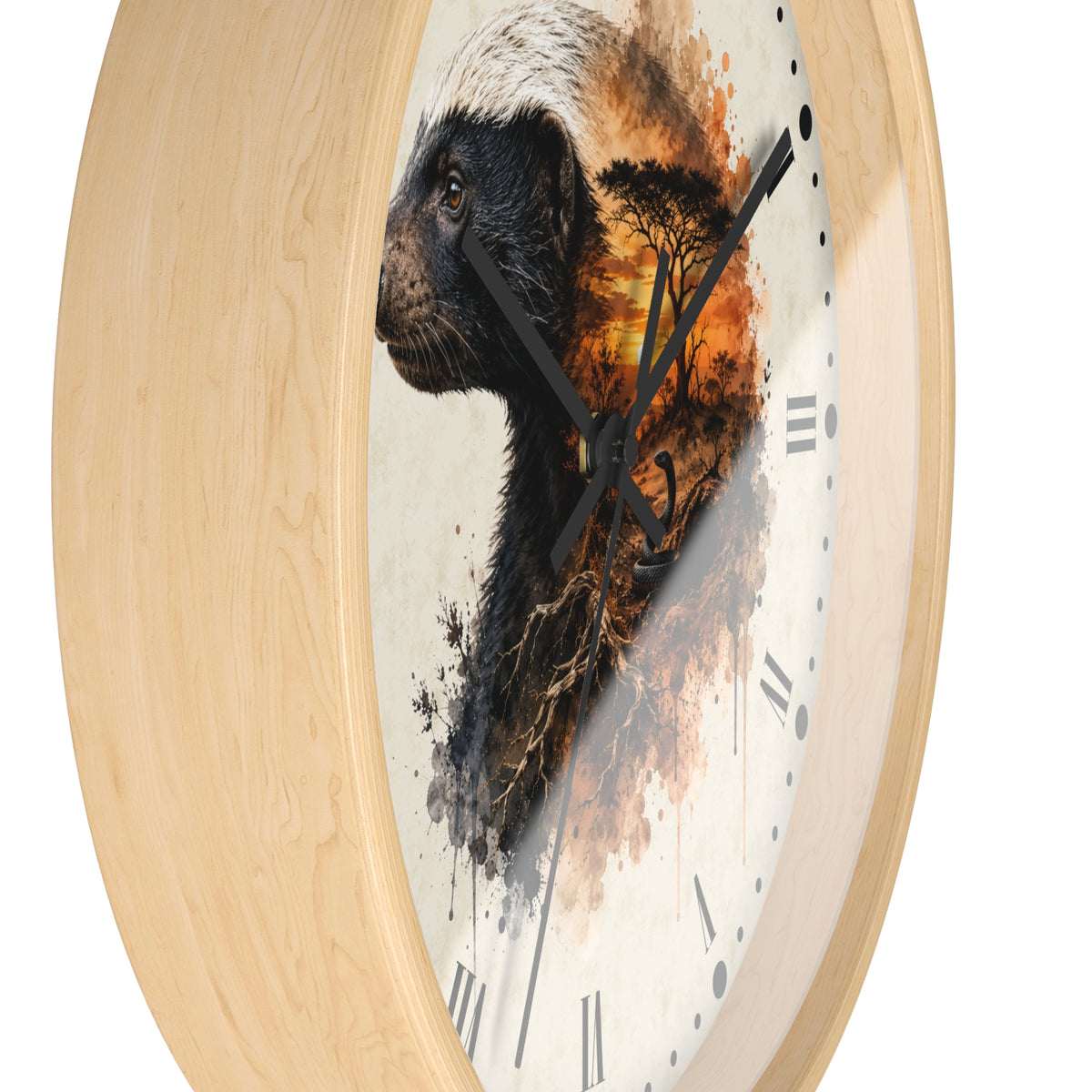 A round wall clock with a light natural wood frame and a white face featuring a painted badger portrait in black, white, and warm orange-brown tones.