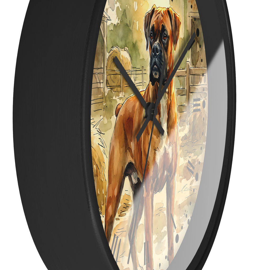 Round wall clock with a black frame and a printed illustration of a brown and black dog standing in a farm setting, shown against a white background.