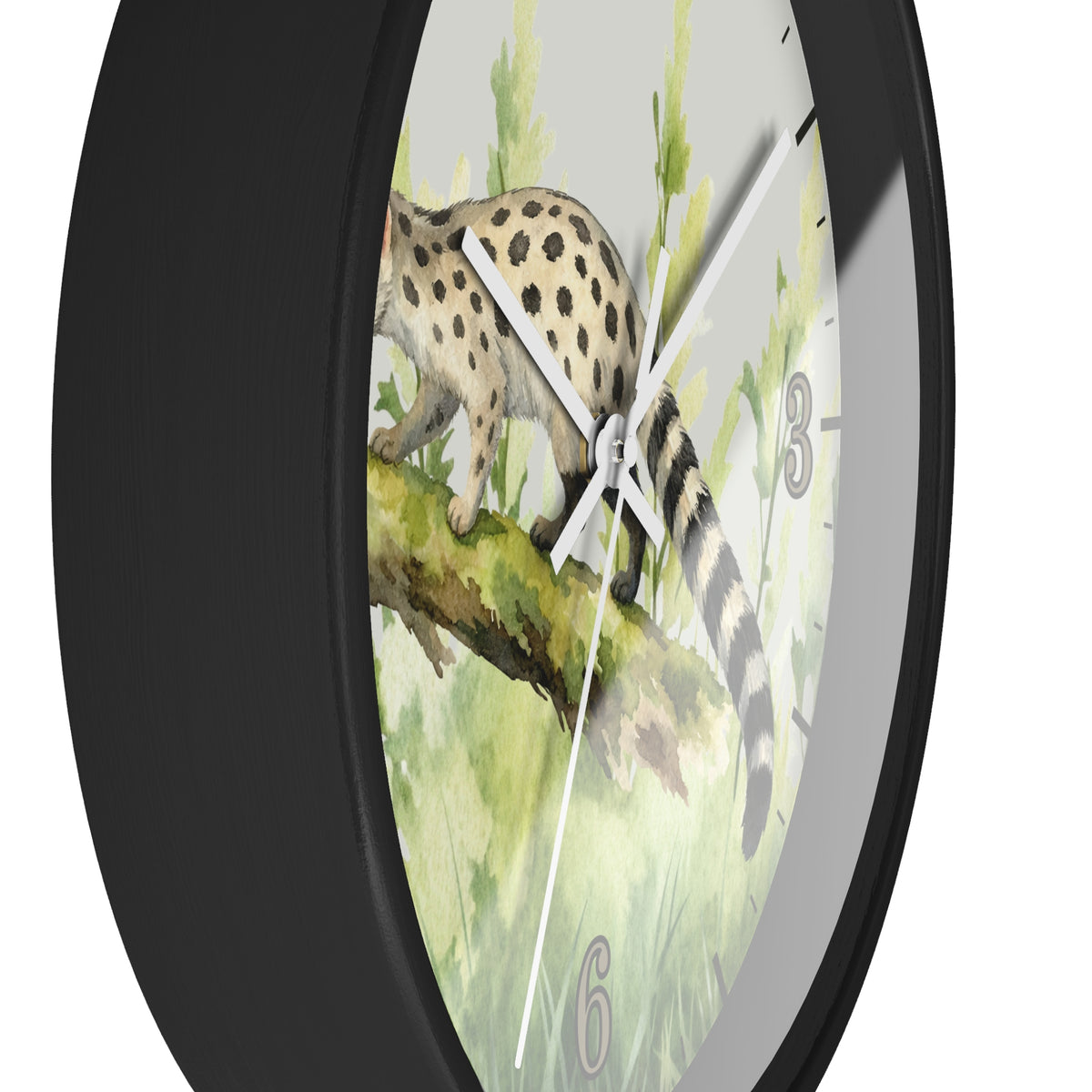 A round wall clock with a black frame and a printed dial showing a spotted big cat walking along a branch against a light green watercolor-style background.