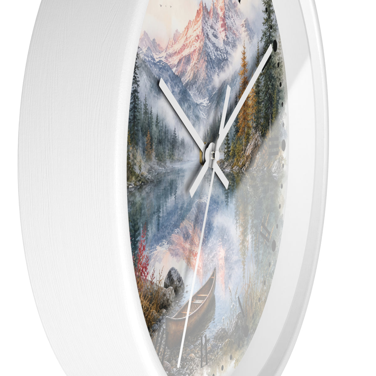 Round wall clock with a white frame and a scenic landscape print featuring mountains, a lake, trees, and a canoe, shown against a white background.