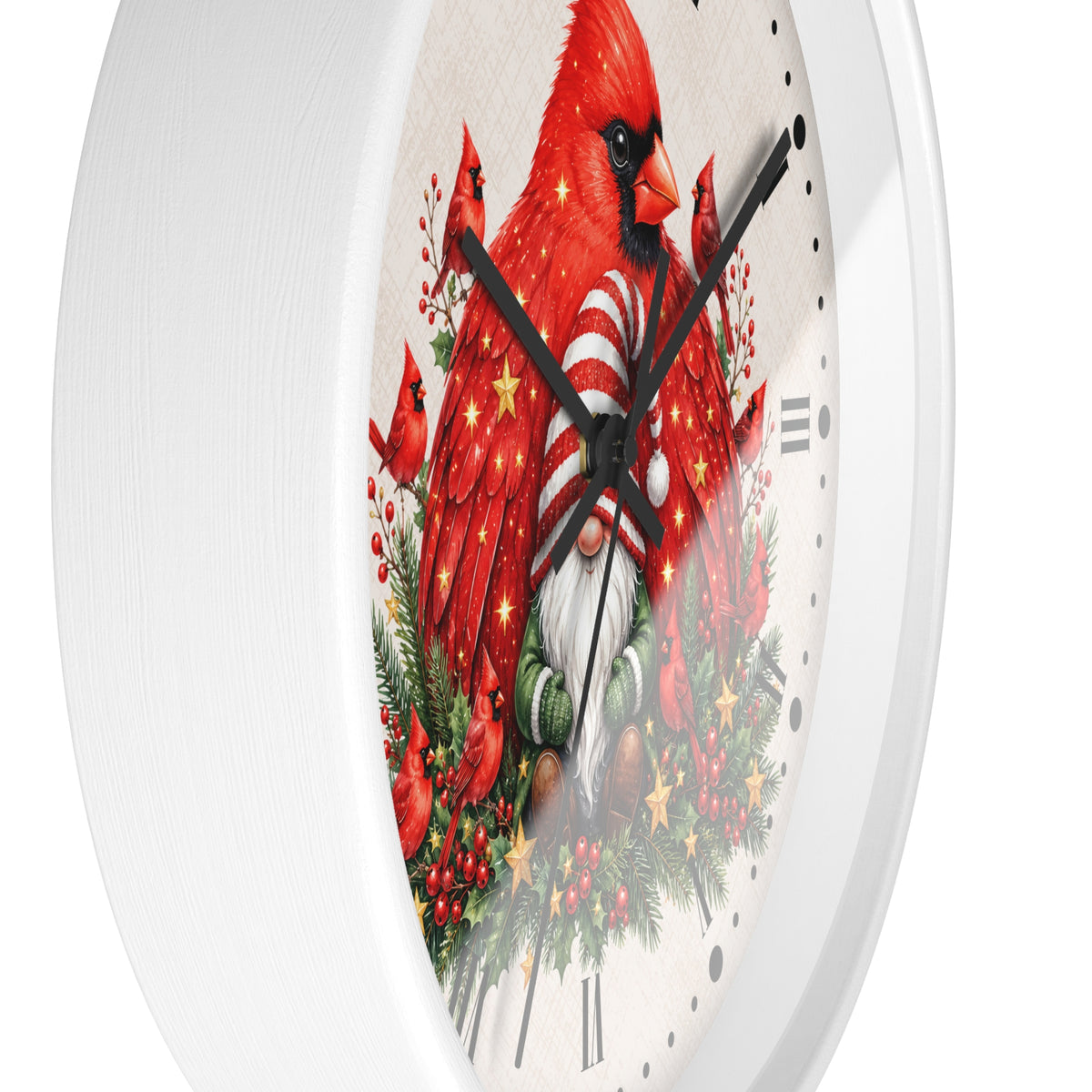 A white round wall clock with a festive Christmas design featuring red cardinals, evergreen branches, red berries, and candy canes on the clock face.