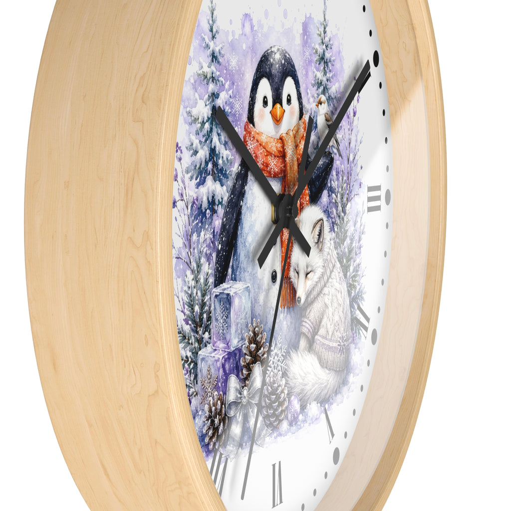 Winter Penguin & Fox Wall Clock – Festive Snowy Forest Decor