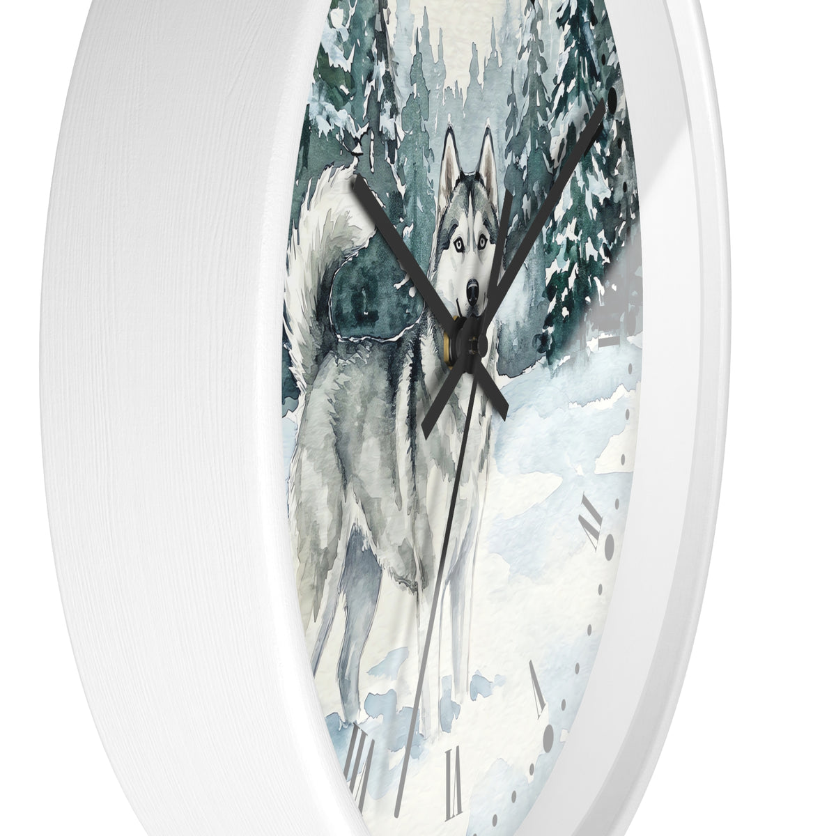 Siberian Husky Winter Wall Clock — Snowy Forest Dog Decor