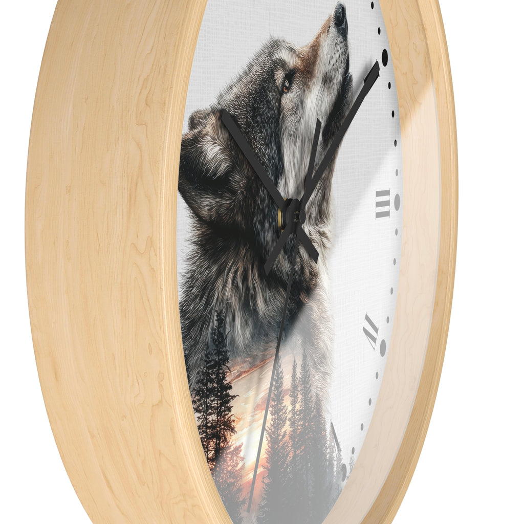 Wolf Sunset Wall Clock — Woodland Animal Art Decor