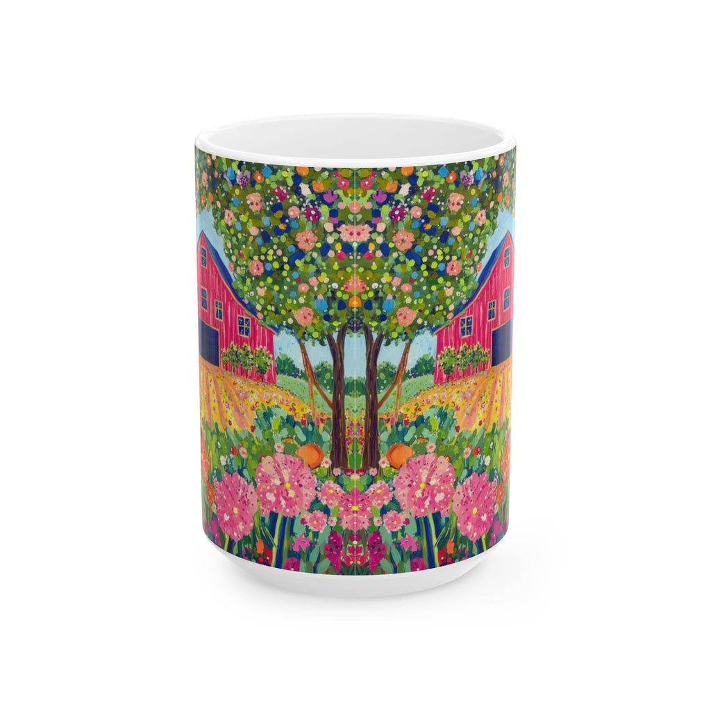 Mug with a colorful design of a garden scene with houses and flowers on a white background