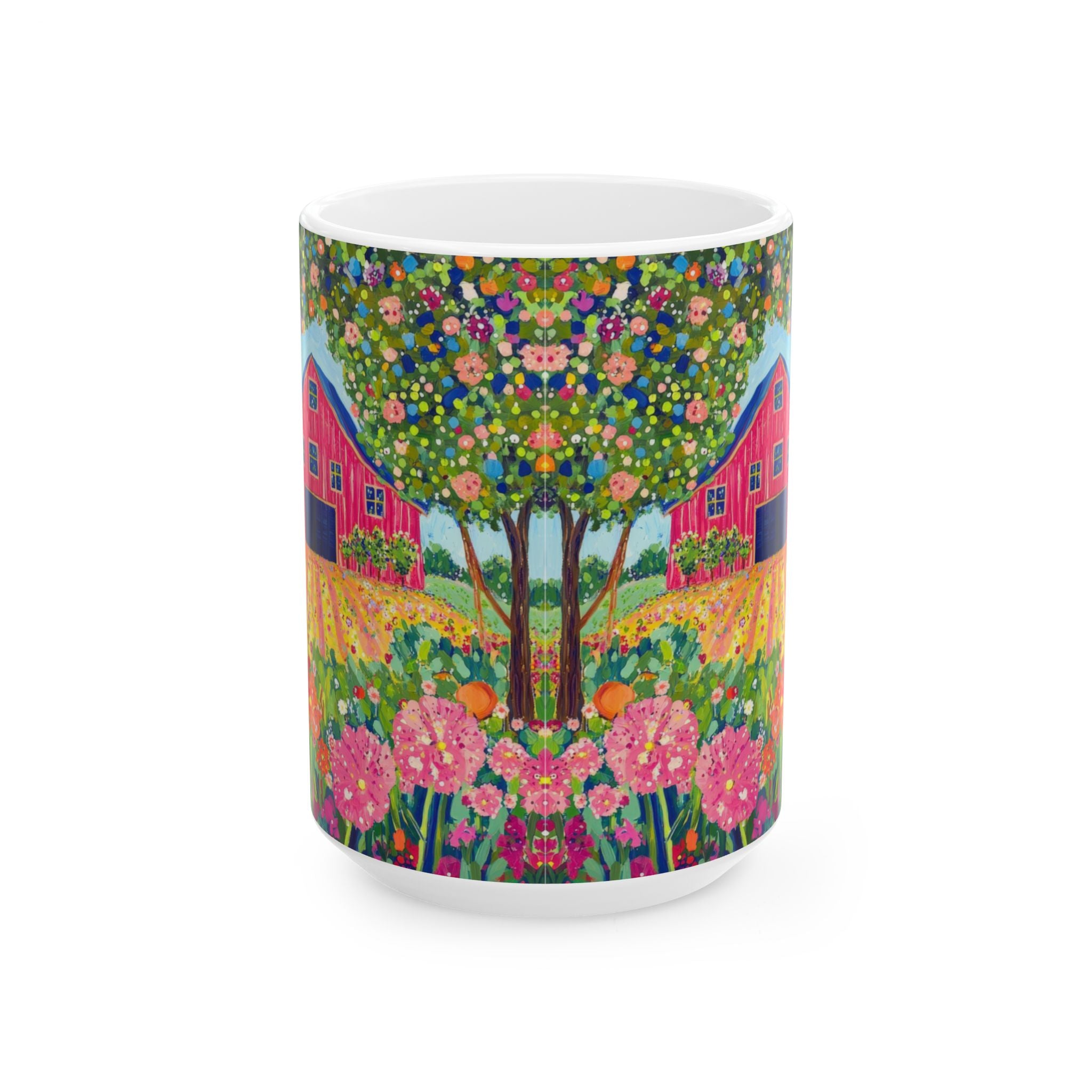 Mug with a colorful design of a garden scene with houses and flowers on a white background