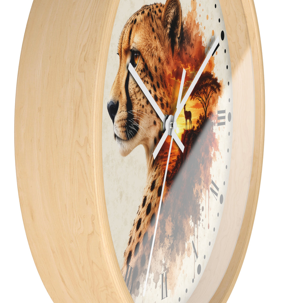 Round wall clock with a light natural wood frame and a printed face featuring a cheetah profile blending into an orange sunset scene with clock numerals.