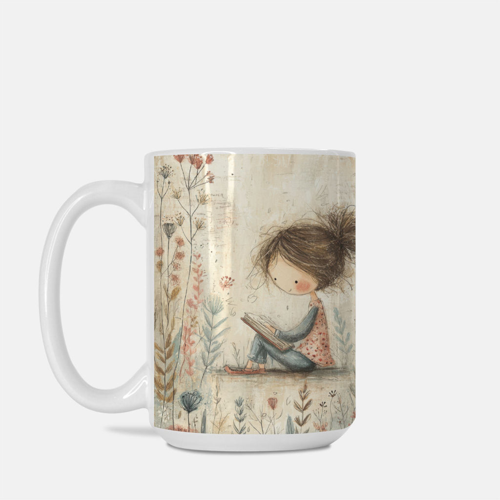 Mug with a design of a girl reading a book surrounded by flowers on a white background