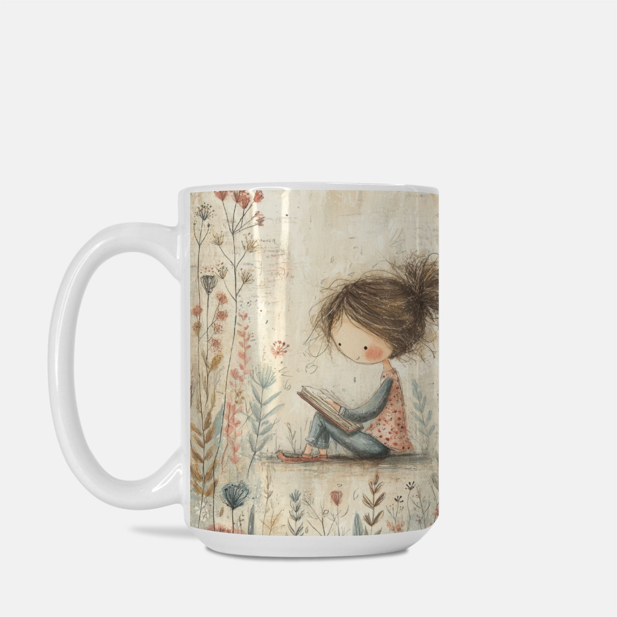 Mug with a design of a girl reading a book surrounded by flowers on a white background