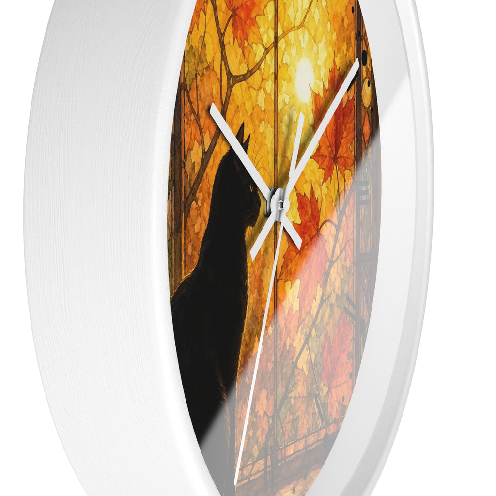 Window Cat Wall Clock — Black Cat Stained Glass Decor