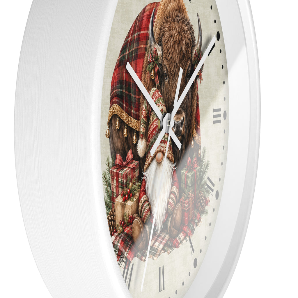 Christmas Buffalo & Gnome Wall Clock – Rustic Holiday Decor