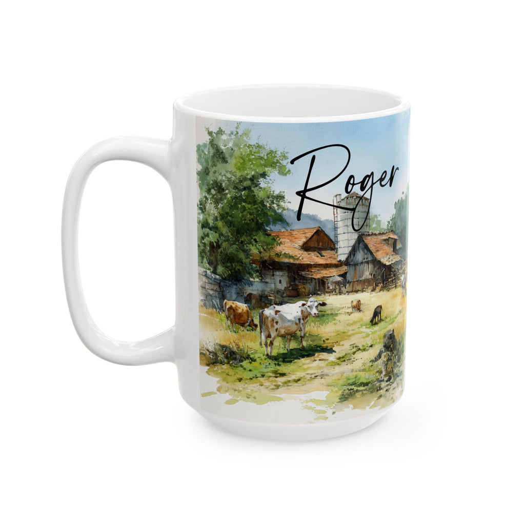 Mug with a scenic design of cows and a barn, featuring the name 'Roger'.