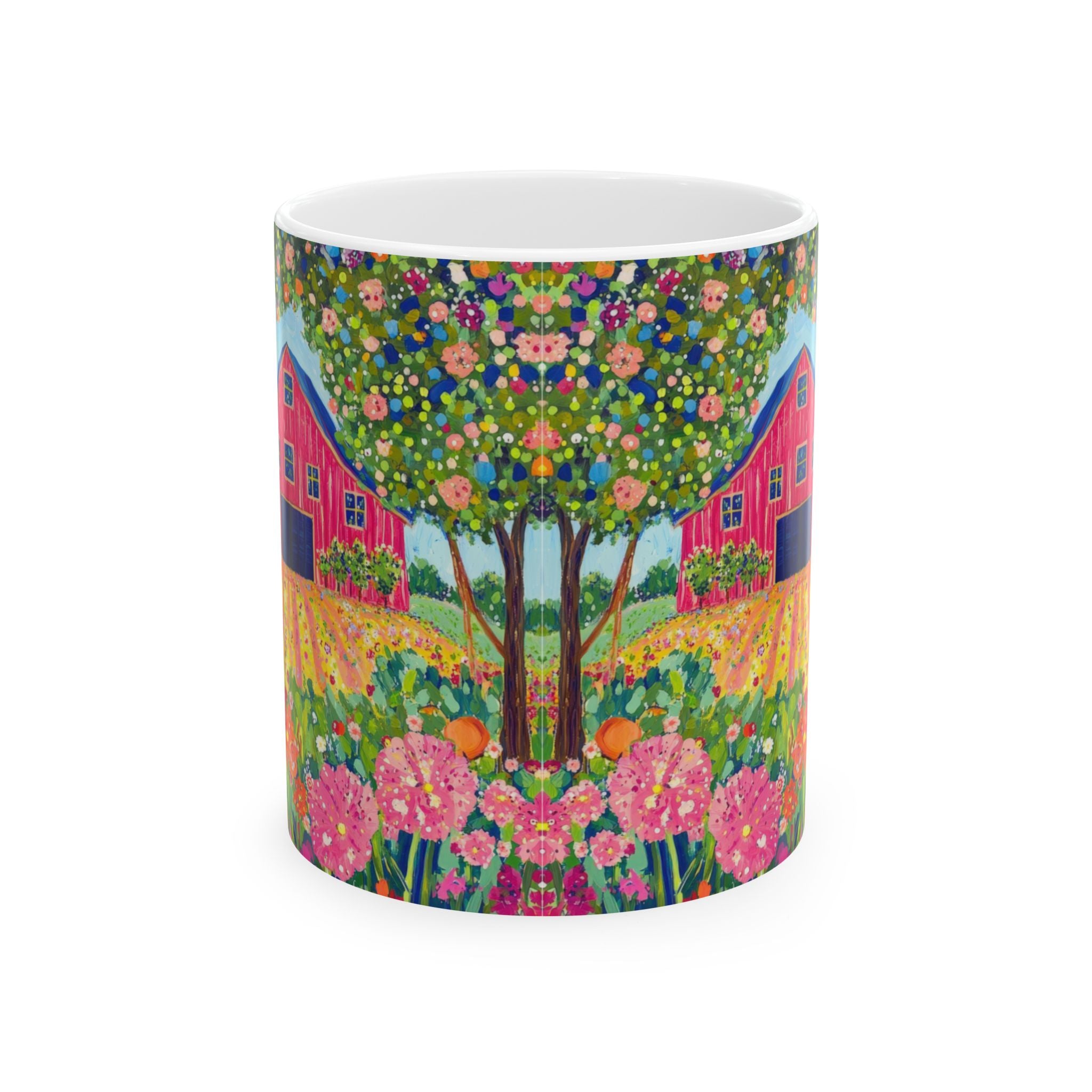 Mug with a colorful garden design featuring flowers and buildings on a white background