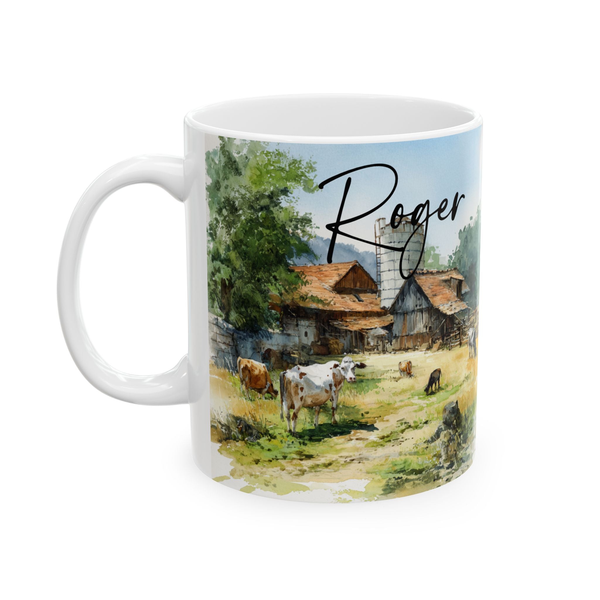 11oz. Mug with a farm scene and 'Roger' printed on it