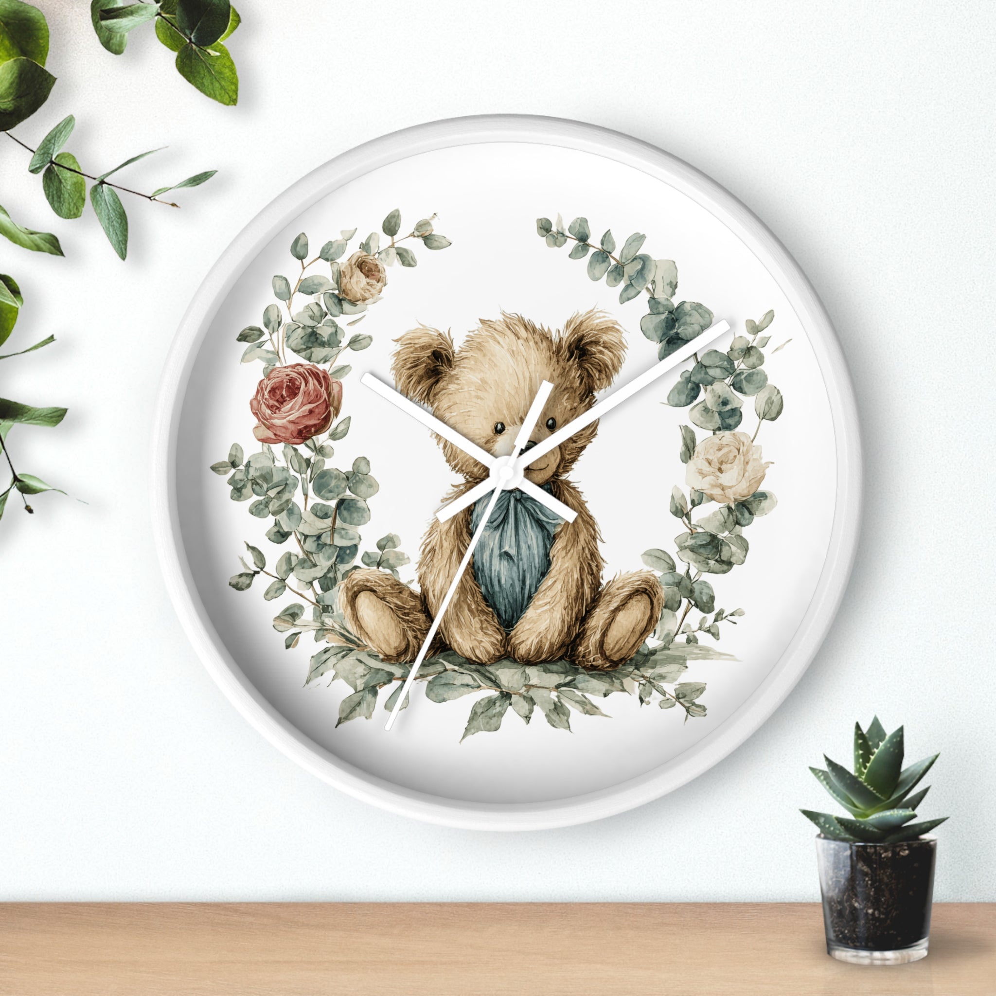 Teddy Bear Floral Wall Clock - Multiple Colors — Nursery Decor Clock with Soft Vintage Illustration