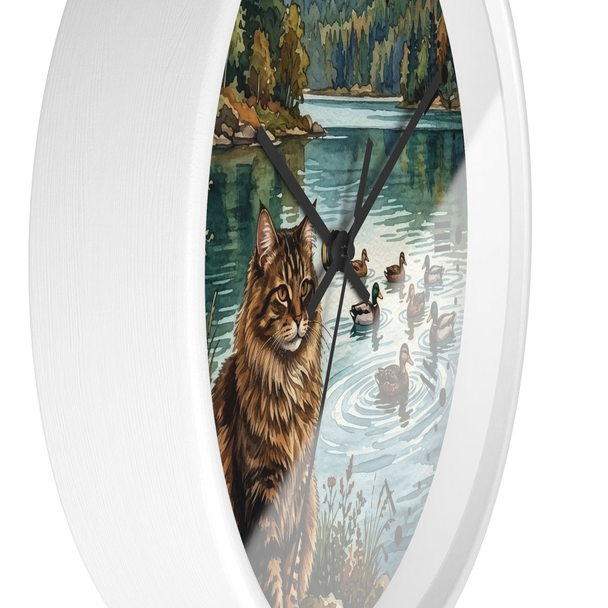 Main Coon Tabby Cat and Ducks by a Peaceful Lakeside Wood Wall Clock
