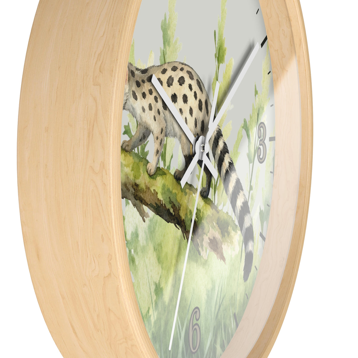 Round wall clock with a light natural wood frame and a printed watercolor-style animal scene on the face, showing a spotted cat-like animal on a branch against a pale green background.