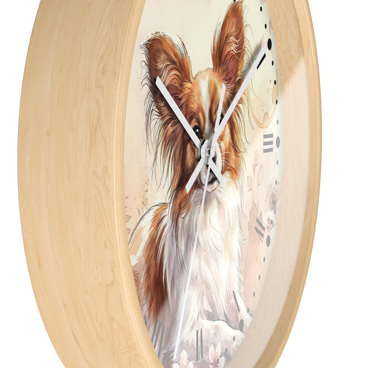 Watercolor Papillon Dog Wall Clock — Floral Portrait Timepiece for Dog Lovers