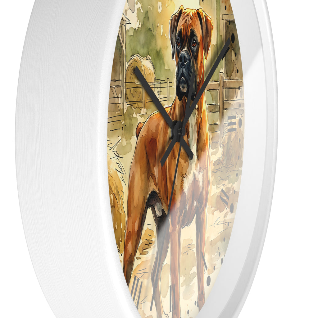 A white oval wall clock featuring a watercolor-style illustration of a brown and black dog on the faceplate, with black clock hands.