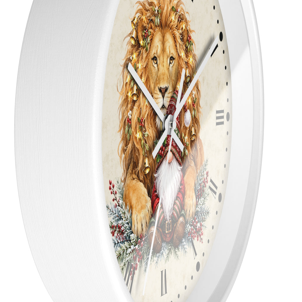 A white round wall clock featuring a festive illustration of a golden lion wearing a Christmas wreath and Santa hat, with a white beard, Roman numerals, and white clock hands.