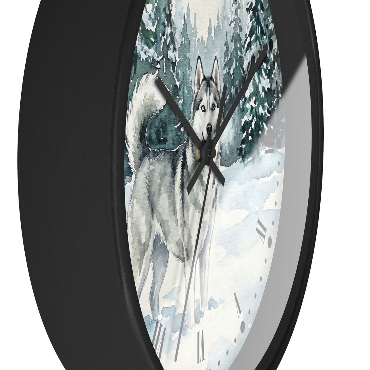 Siberian Husky Winter Wall Clock — Snowy Forest Dog Decor