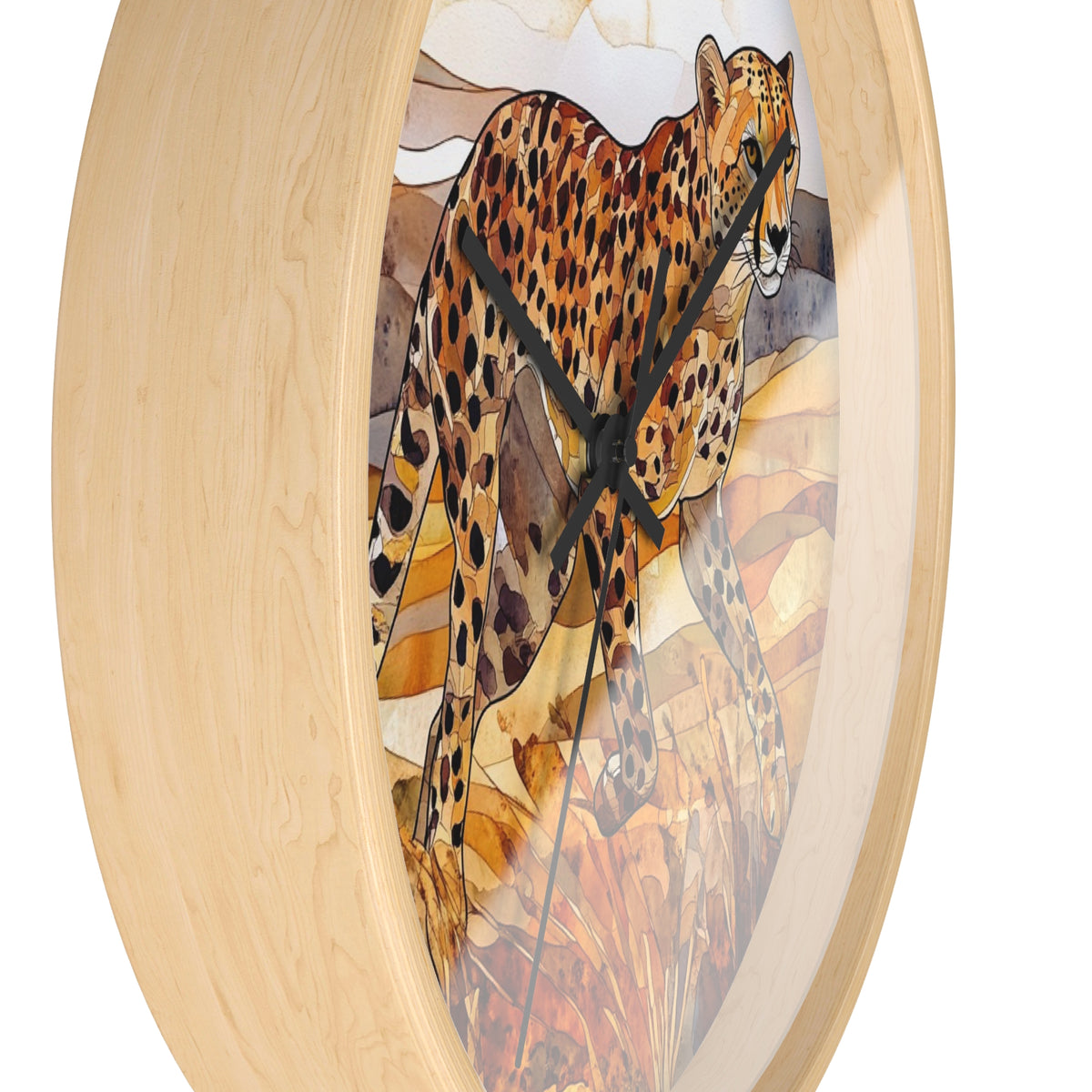 Oval wall clock with a light natural wood frame and a colorful illustration of a leopard on the face, with black hands against a white background.