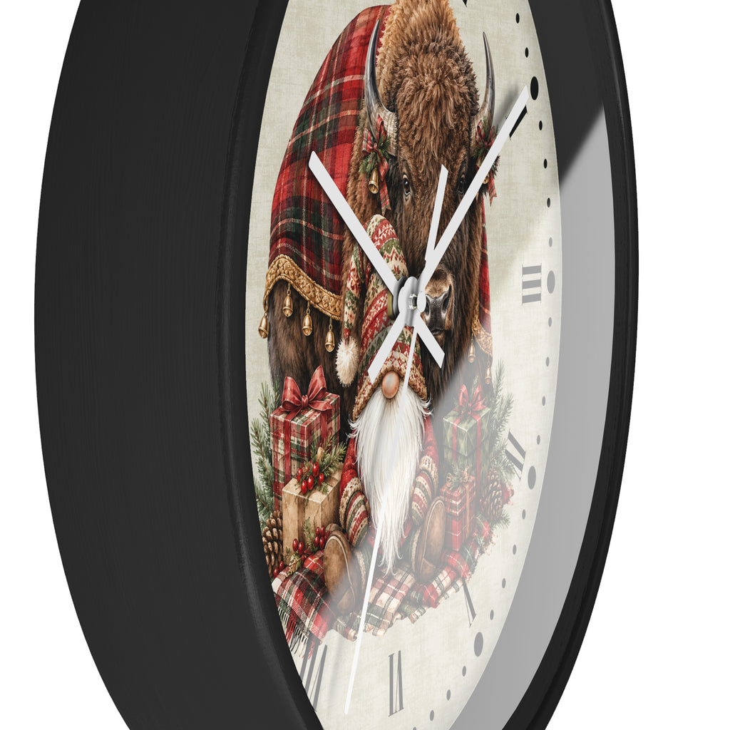 Christmas Buffalo & Gnome Wall Clock – Rustic Holiday Decor